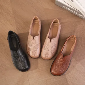 Comfortable soft leather slip-on flat shoes for elderly women with elegant butterfly embroidery