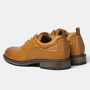 Close-up detail of the rear heel and textured rubber sole on brown men's dress shoes