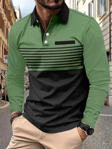 Casual men's long sleeve polo shirt with olive green and black striped color block