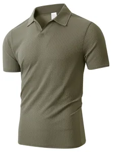 Detailed view of olive green men's athletic Polo shirt featuring unique ribbed texture