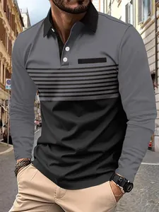 Men's long sleeve polo shirt with grey black color block and stripe print
