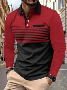 Men's casual long sleeve polo shirt with red and black color-blocked striped design