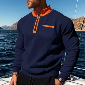 Herren Sweatshirt mit Viertelreißverschluss in Marineblau und Orange mit Brusttasche