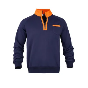 Dunkelblauer Herren-Sweatshirt mit halbem Reißverschluss und orangefarbenem Stehkragen