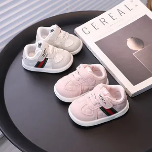 Soft-sole non-slip baby walking sneakers in white and pink color for autumn season