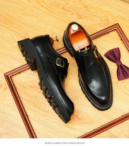 Detail shot of black leather monk strap derby shoes featuring thick platform lug soles