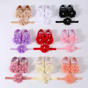 Collection de bandeaux bébé fleur en mousseline multicolores et chaussures assorties