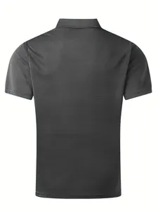 Back view of a men's athletic polo shirt in premium dark gray textured stretch fabric