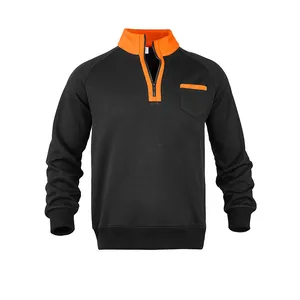 Detailansicht eines schwarz-orangen Herren-Sweatshirts mit Stehkragen und halbem Reißverschluss