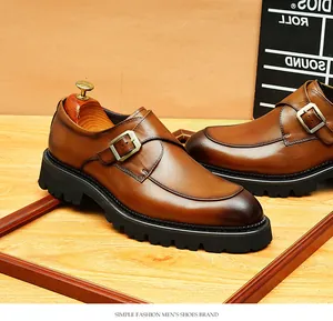 Premium brown leather monk strap shoes for men with thick lug sole