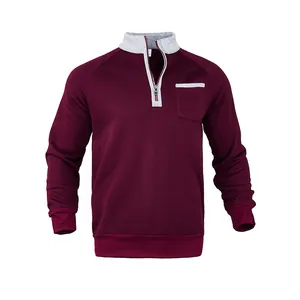 Herren Sweatshirt in Burgunderrot mit grauem Stehkragen, Reißverschluss und Brusttasche