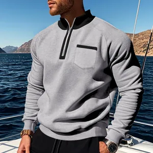 Grauer Herren-Sweatshirt mit halbem Reißverschluss, schwarzem Stehkragen und Tasche
