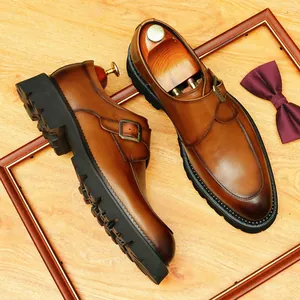 Men Vintage British Cowhide Monk Shoes Pointed Toe Buckle Thick Sole Height Increasing Business Casual Dress Shoes