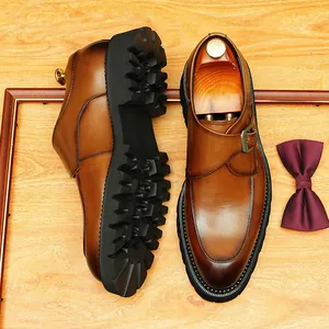 Vintage British style genuine leather men's monk strap shoes with thick lug sole