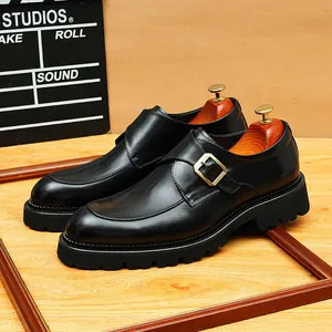 Premium cowhide men's black monk strap shoes with platform lug sole