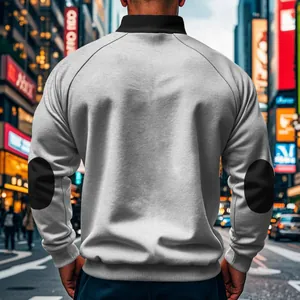 Rückansicht eines grauen Herren-Sweatshirts mit schwarzen Kragen und Ellbogen-Patches