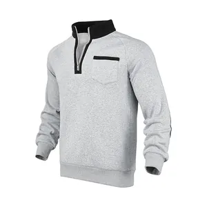 Detailansicht graues Herren-Sweatshirt mit schwarzem Stehkragen und halbem Reißverschluss