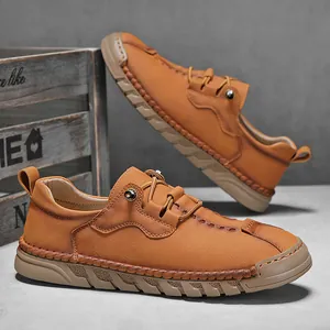 Chaussures Décontractées en Cuir Microfibre pour Hommes Cousues Main Semelle Souple Mocassins Antidérapants Chaussures de Conduite Extérieure Chaussures à Lacets Mode