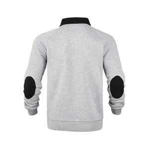 Rückansicht des grauen Herren-Sweatshirts mit schwarzem Stehkragen und Ellenbogen-Patches