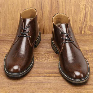 Detailed view of polished dark brown leather texture on men's retro chukka boots.