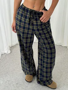 Women's Casual Plaid Wide Leg Pants High Waist Drawstring Loose Trousers With Pockets Fall Winter Polyester Bottom