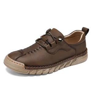 Chaussures décontractées en cuir pour hommes, cousues main, semelle souple antidérapante