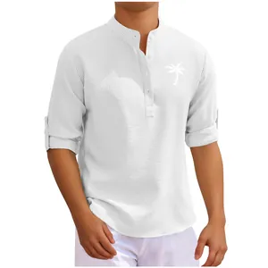 Close-up of white men's waffle texture shirt with stand collar and palm tree print
