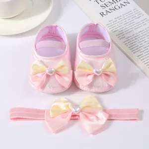 Soft sole pink baby princess shoes and matching bow headband set for newborn girls
