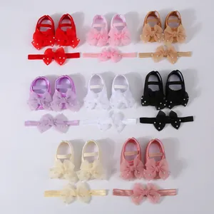 Collection of baby girl bow shoes and matching headbands in multiple pastel colors