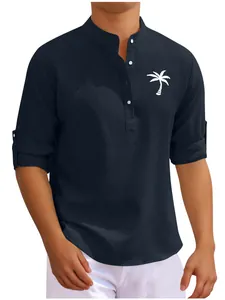 Men Waffle Knit Henley Shirt Stand Collar Coconut Tree Print Long Sleeve Casual Top Regular Fit Fashion Vacation Shirt