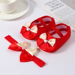 Red soft sole baby princess shoes and matching bow headband set for infants