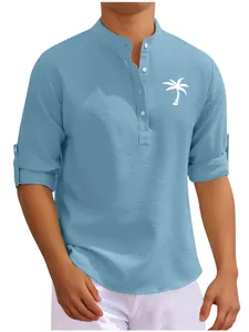 Men's light blue stand collar shirt with white palm tree print and textured fabric