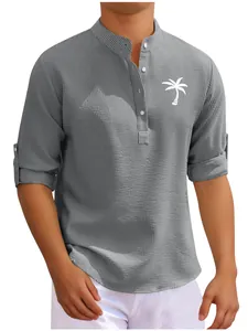Front view of casual men's grey waffle-knit shirt with stand collar and palm tree print