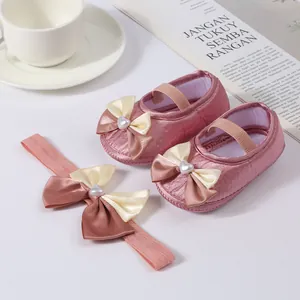 Elegant pink satin baby princess shoes with heart bow and matching headband set 0-1Y