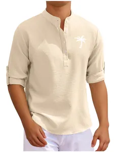 Men Casual Shirt Stand Collar Long Sleeve Waffle Texture Cotton Blend Loose Henley Shirt Breathable Urban Fashion Solid Color Top