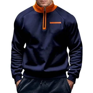Herren Stehkragen Hoodie Halber Reißverschluss Kontrastfarbe Fleecegefüttert Lockeres Sweatshirt Lässig Herbst Winter Top
