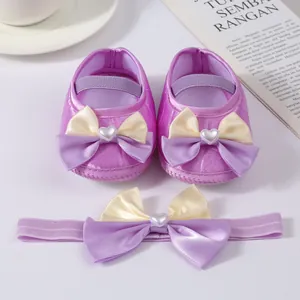 Adorable purple baby princess shoes and matching bow headband set for newborn girl outfits