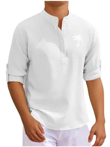 Men's casual white textured shirt with stand collar and palm tree print detail