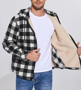 Detail view of men's checkered flannel hooded jacket with thick warm sherpa lining