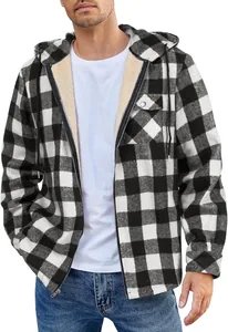 Close-up of men's buffalo plaid jacket showing soft fleece lining and hooded detail