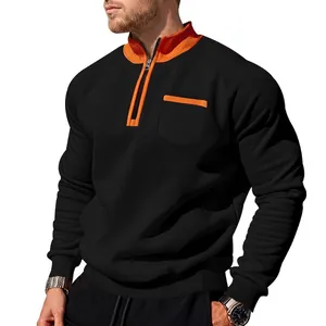 Herren-Sweatshirt mit halbem Reißverschluss, orangefarbenem Kragen und Fleecefutter