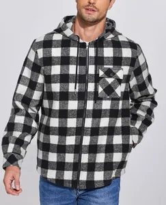 Close-up of mens black and white plaid flannel hooded jacket with zipper and pocket