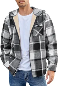 Close-up of men's plaid flannel jacket featuring a warm sherpa-lined hood and zip closure.