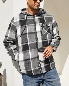 Close-up of a men's grey plaid flannel hooded jacket featuring a front zipper and chest pocket