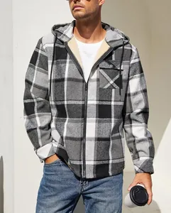 Close-up of a men's plaid flannel hooded jacket with warm fleece lining and zipper.