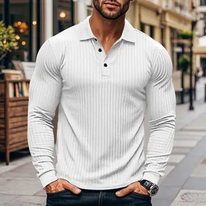Detailed view of white long-sleeved polo shirt with ribbed texture and slim fit design