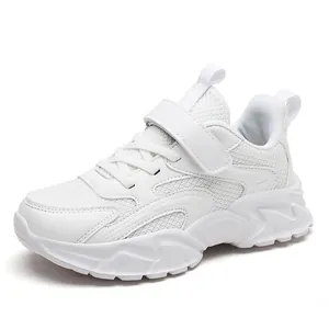 White breathable mesh children's sneakers with velcro and laces for school and running