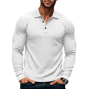 Close-up detail of the white slim fit ribbed long-sleeve polo shirt for men's casual wear