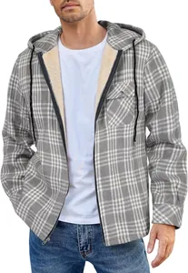 Detailed view of a men's grey plaid hooded flannel jacket featuring warm fleece lining