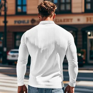 Back view of men's slim-fit long-sleeved white polo shirt with premium ribbed texture